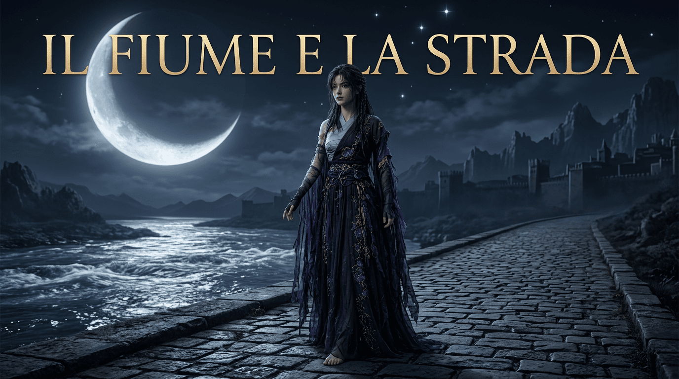 AI generated: Fai camminare questo personaggio di notte, con una enorme luna nel cielo ci deve essere il titolo a ...