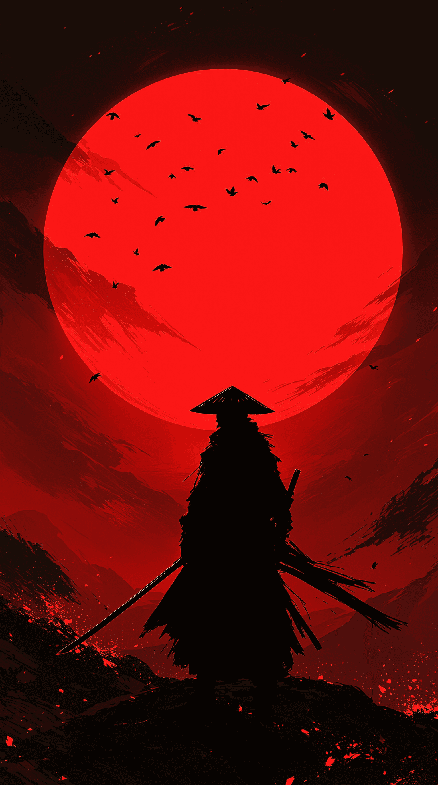 AI generated: A powerful, stylized digital painting of a lone samurai warrior standing solemnly before a colossal,...