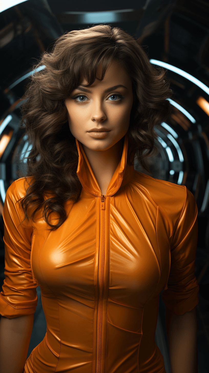 AI generated: futuristic woman, blue eyes, in summer attire, athletic figure, dark hair, in the style of fine atte...