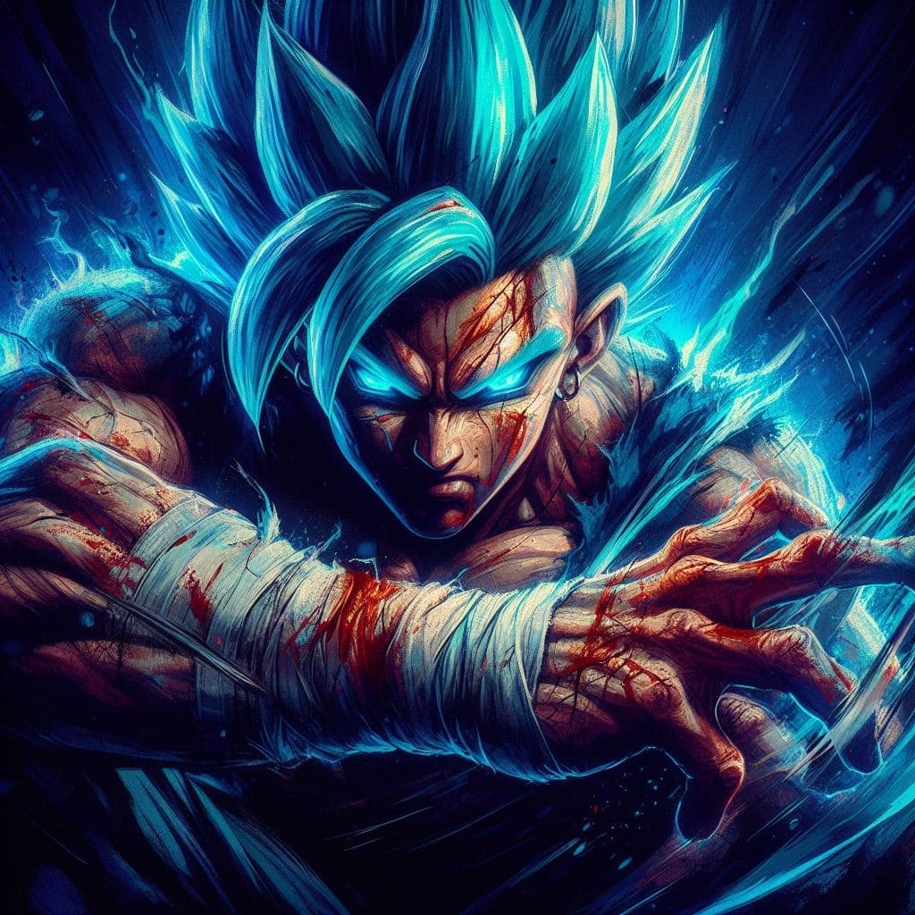 AI generated: SSJ4 with a tough and intense gaze, and strong, glowing blue hair, blue aura, bandaged hands, scars ...