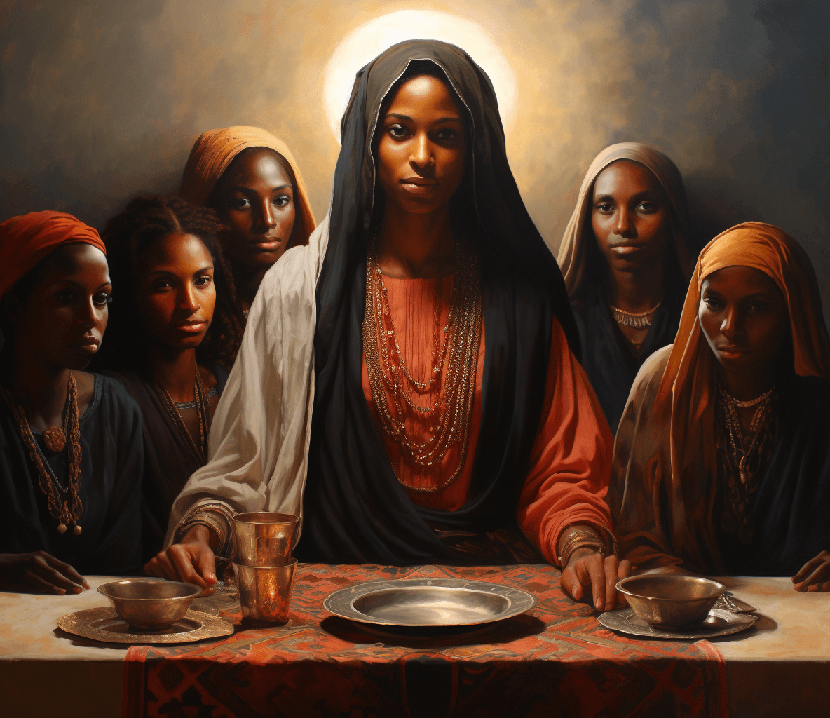 AI generated: a painting of jesus as a woman at the supper, all disciples are women, perfect hands, middle eastern...