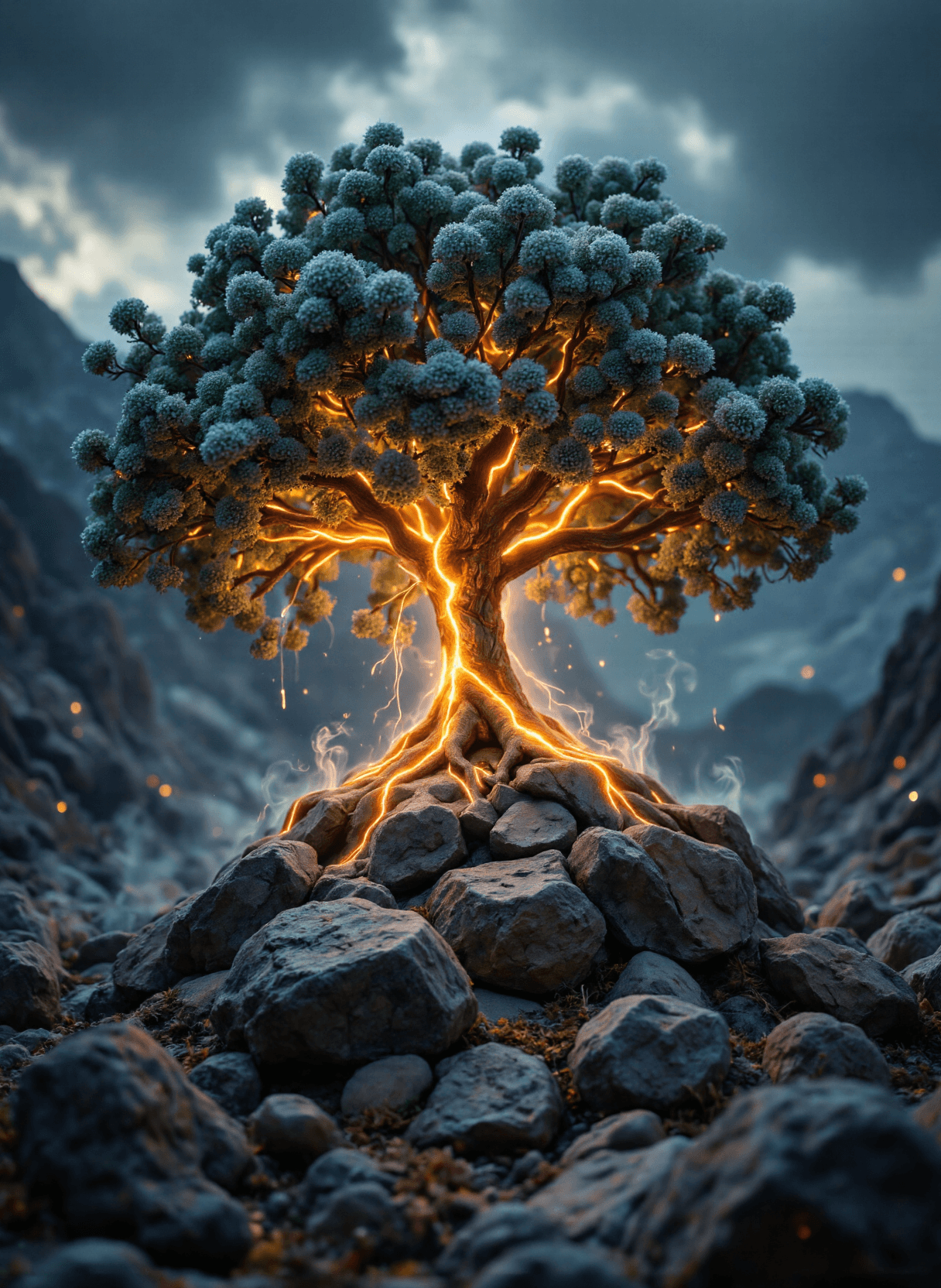 AI generated: The image depicts a surreal and fantastical tree that appears to be emerging from a rocky, uneven te...