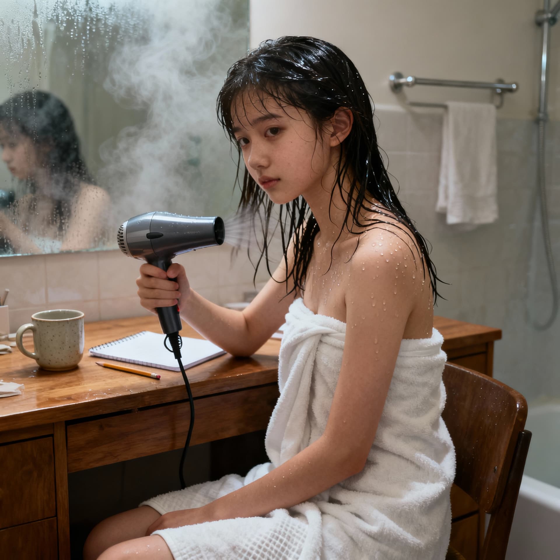 AI generated: Ultra-realistic 8K full-body photo of a girl just finished taking a shower and sat at the desk.Her h...