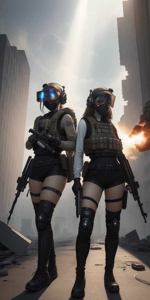 AI generated: ((high quality)), ((masterpiece)), 16k, 2girls, bulletproof vest, light rays, extremely detailed CG ...