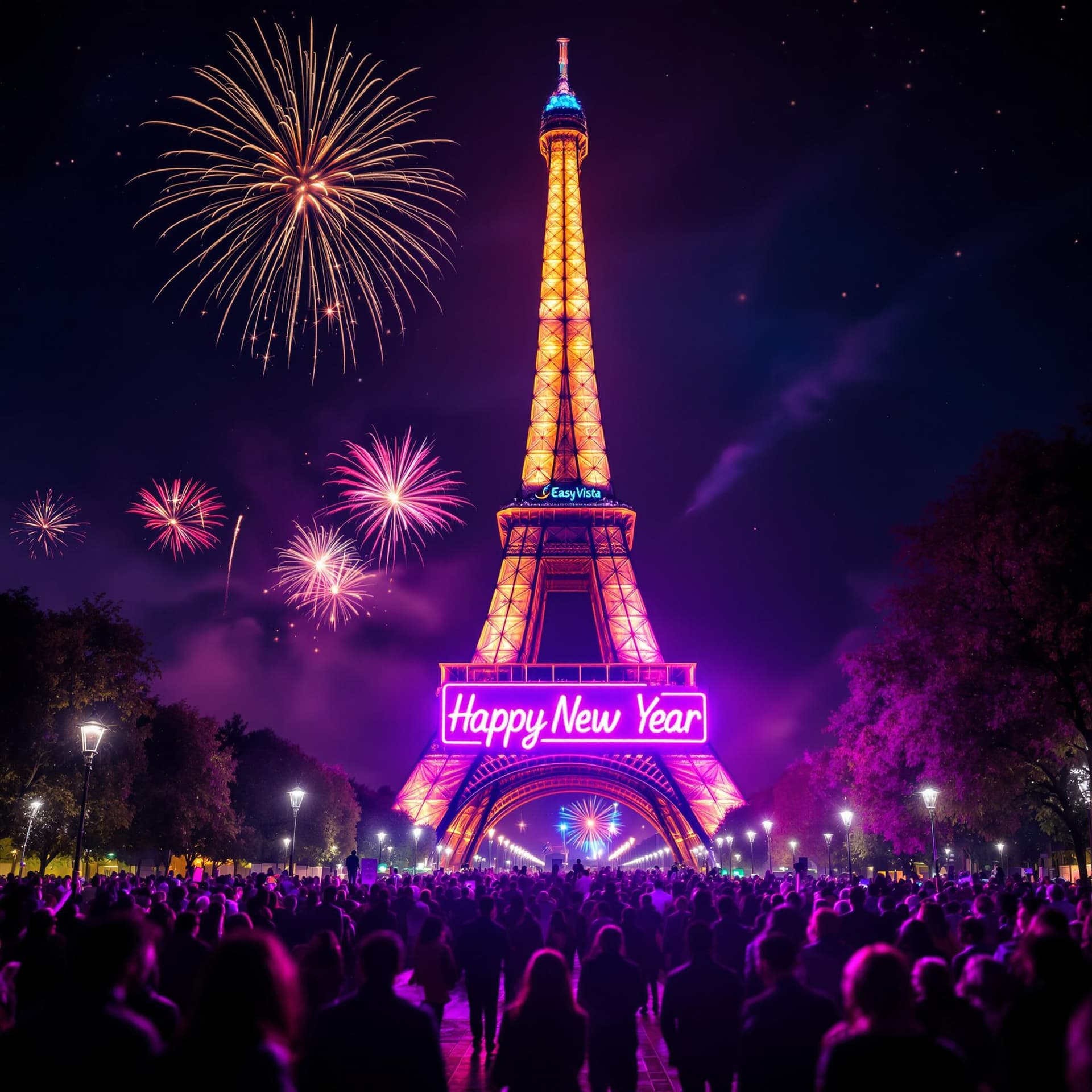AI generated: Create a lively and festive image of people celebrating New Year's Eve in Paris in front of the Eiff...