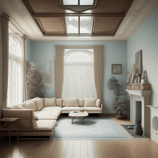 AI generated: High resolution photography interior design, dreamy sunken living room conversation pit, wooden floo...