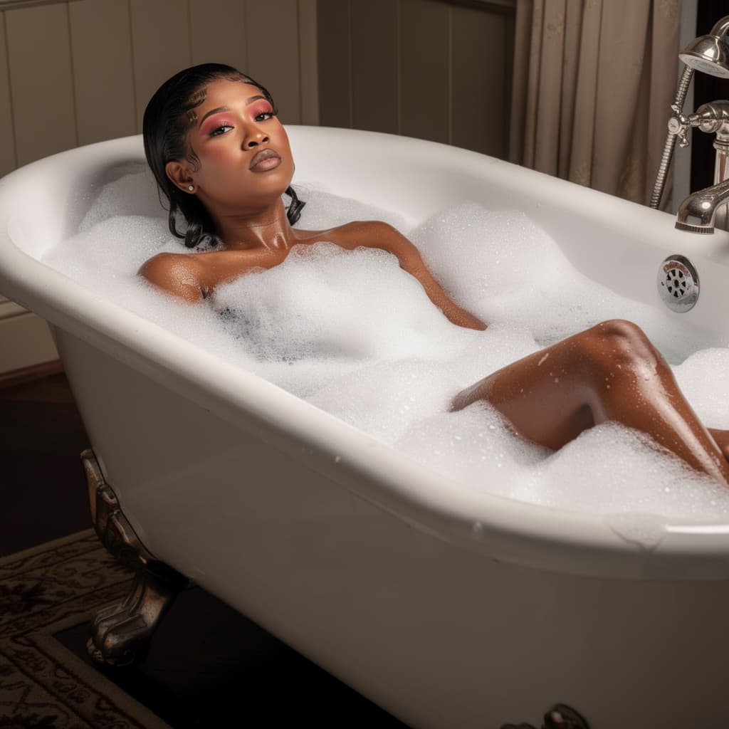 AI generated: subject in a vintage-style scene in a freestanding bathtub ,full of bubbles , focusing on wet, drama...