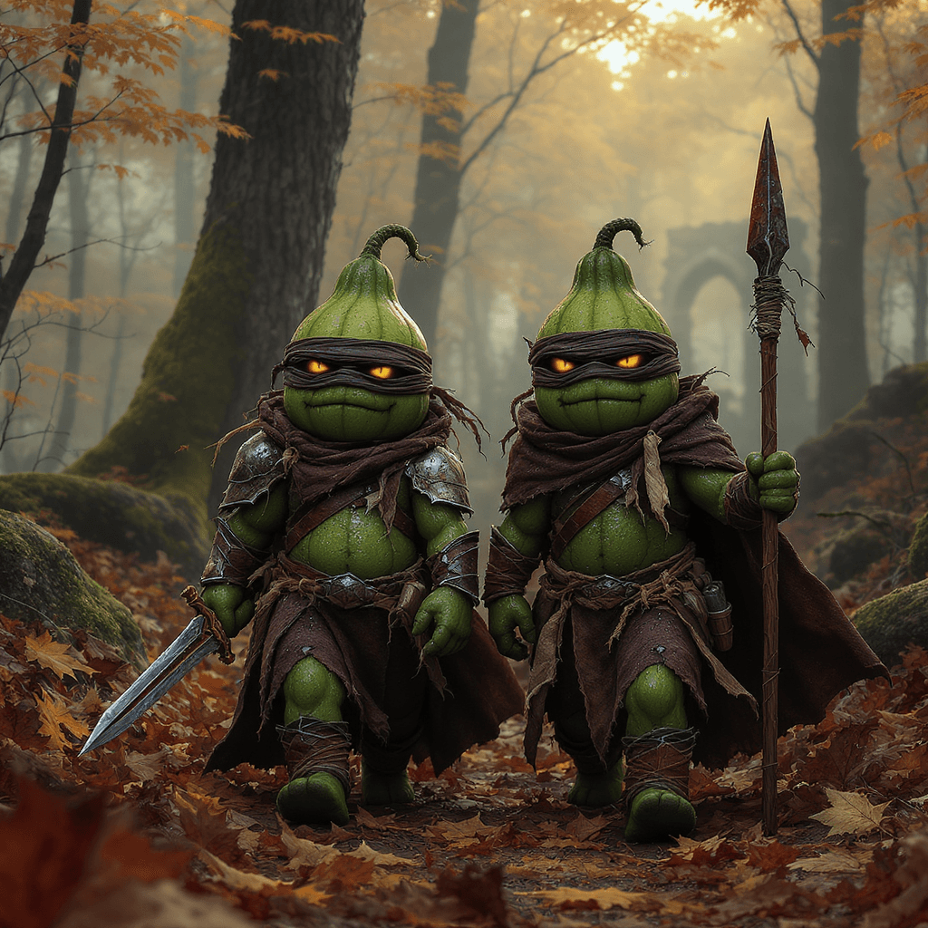 AI generated: "Two small, sinister gourd-born brothers walking side by side through a misty autumn forest. Their g...