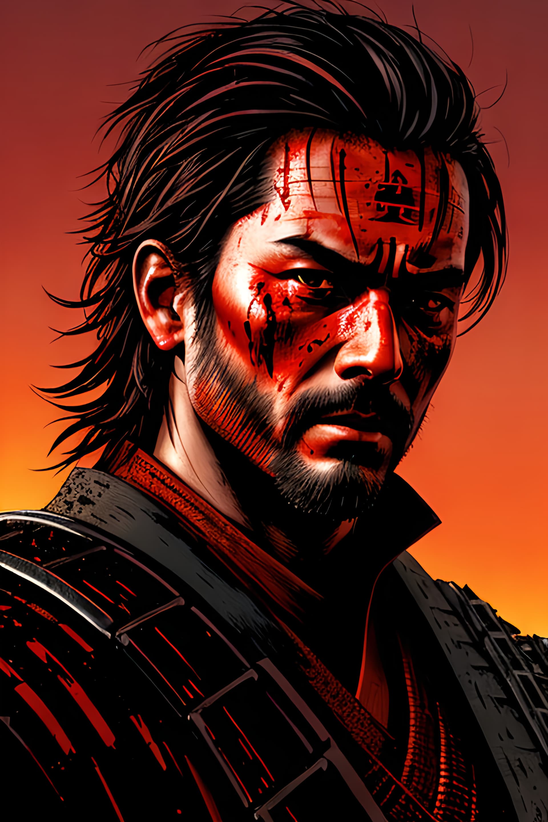 AI generated: A portrait of a samurai, Miyamoto Musashi, messy hair, visible battle scars, blood splatter, empty e...