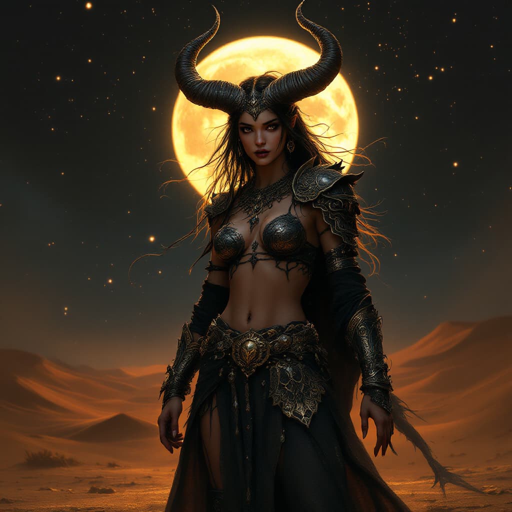 AI generated: A detailed and atmospheric illustration, full body shot of a young beautiful European female horned ...
