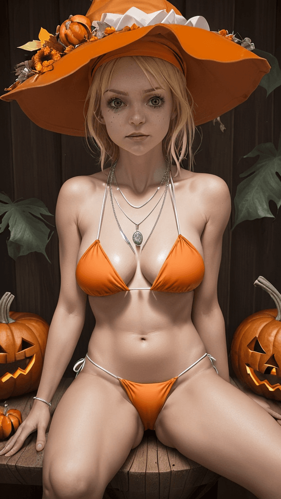 AI generated: a woman dressed in a Halloween costume, adorned with an orange hat, is seated on a white platform su...