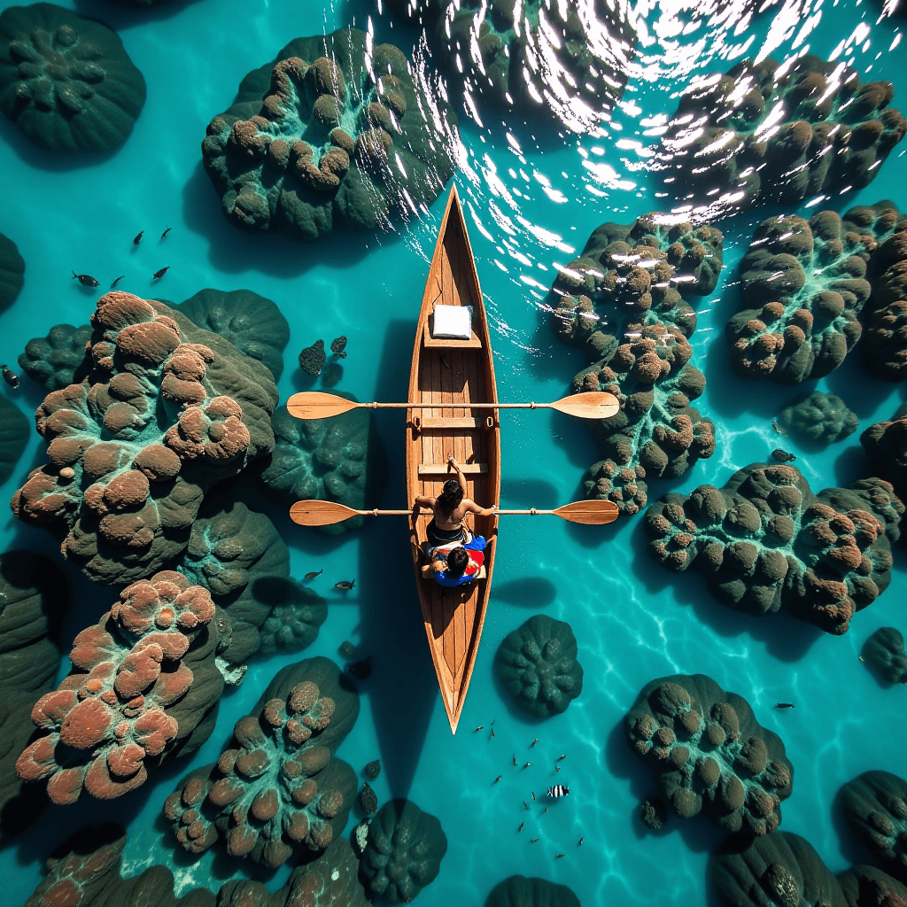 AI generated: Top-down view of a Polynesian outrigger canoe navigating a coral reef, crystal clear water, vibrant ...
