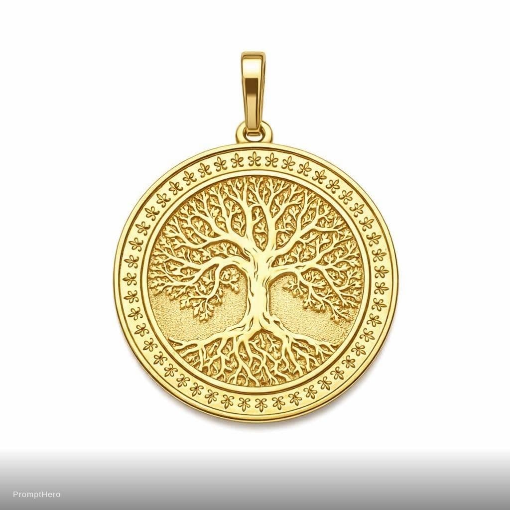 AI generated: Professional studio product photograph of a gold tree of life pendant, 32 x 30 mm, made in 14k yello...