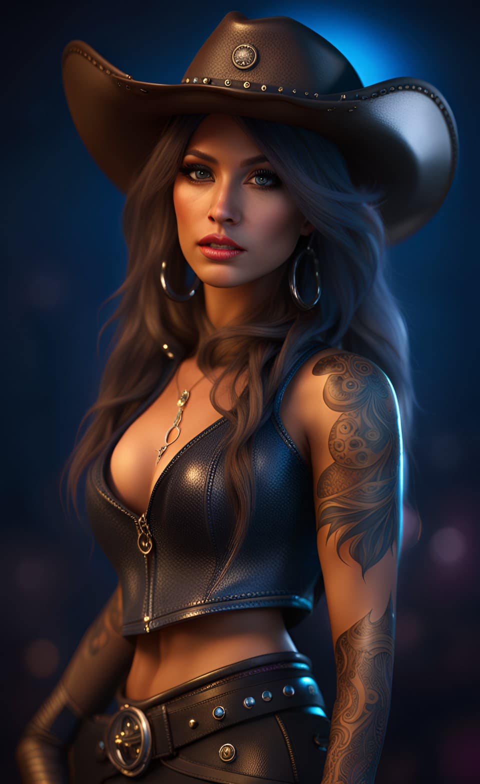 AI generated: Stunning cowgirl in leather, long hair, visible tatts, necklace, oval highly detailed face, smooth s...
