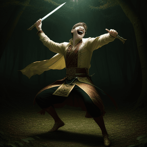 AI generated: High resolution photography 28 year old man laughing and dancing wielding a nine-ring sword while da...