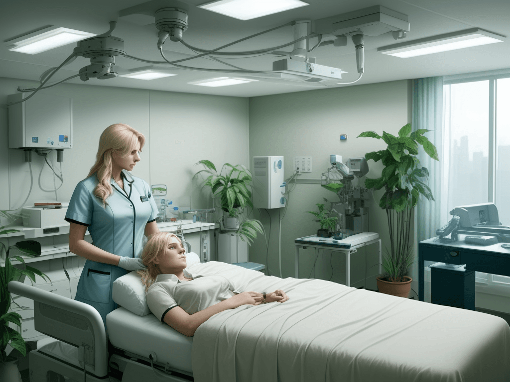 AI generated: a pleasant sci-fi future hospital room, with plants, for a male patient to wake up in bed, and with ...