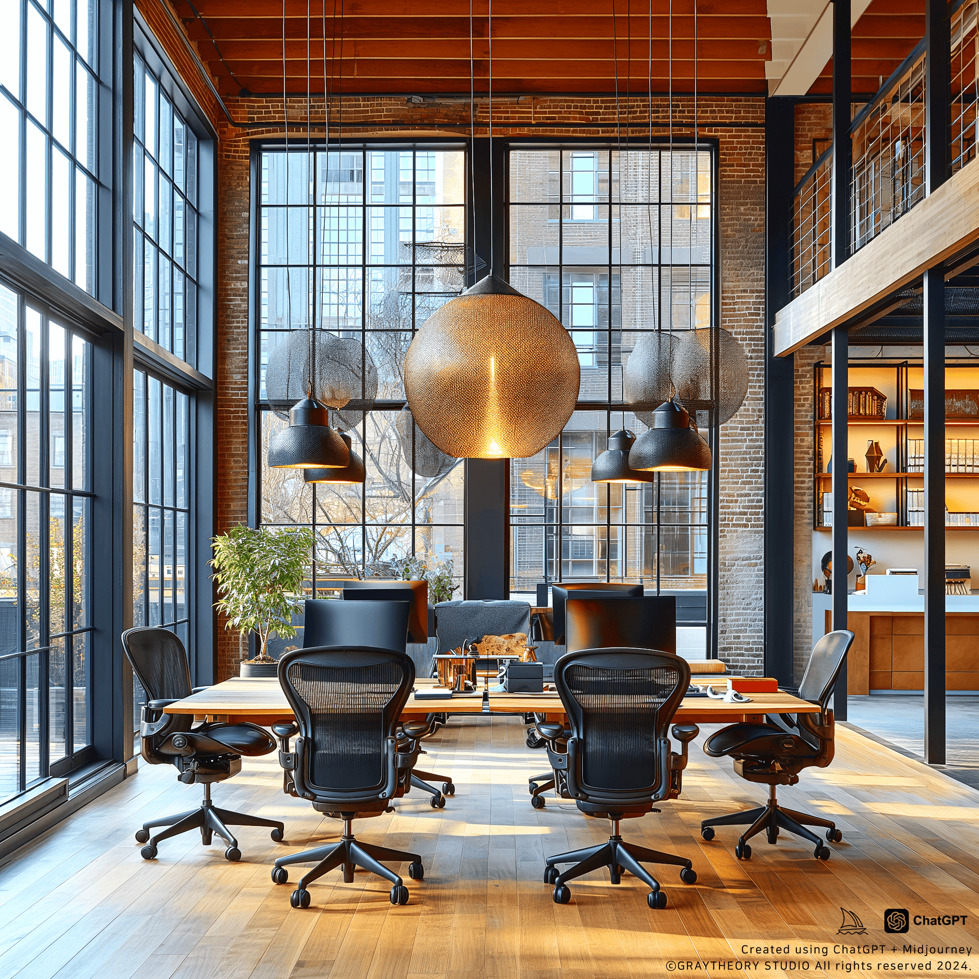 AI generated: Spacious office with frontal view, Herman Miller Aeron chairs, Artemide Tolomeo desk lamps, captured...