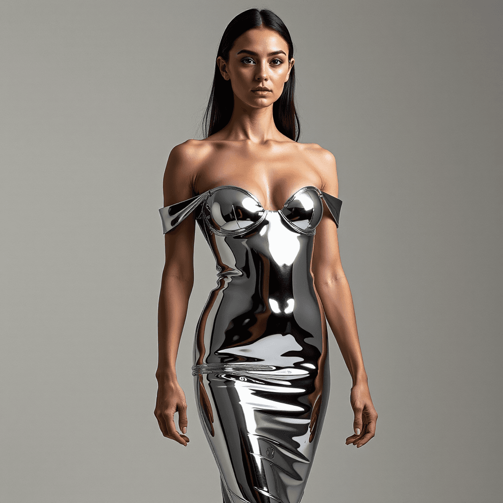 AI generated: A high-fashion model wearing a dress made of liquid chrome, futuristic couture photography <lora:Cha...