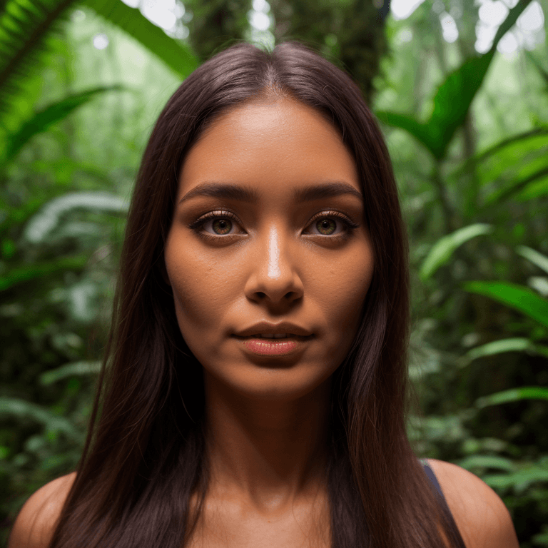 AI generated: Extremely detailed close up photo of a woman standing above a rainforest, her eyes vibrant with a ot...