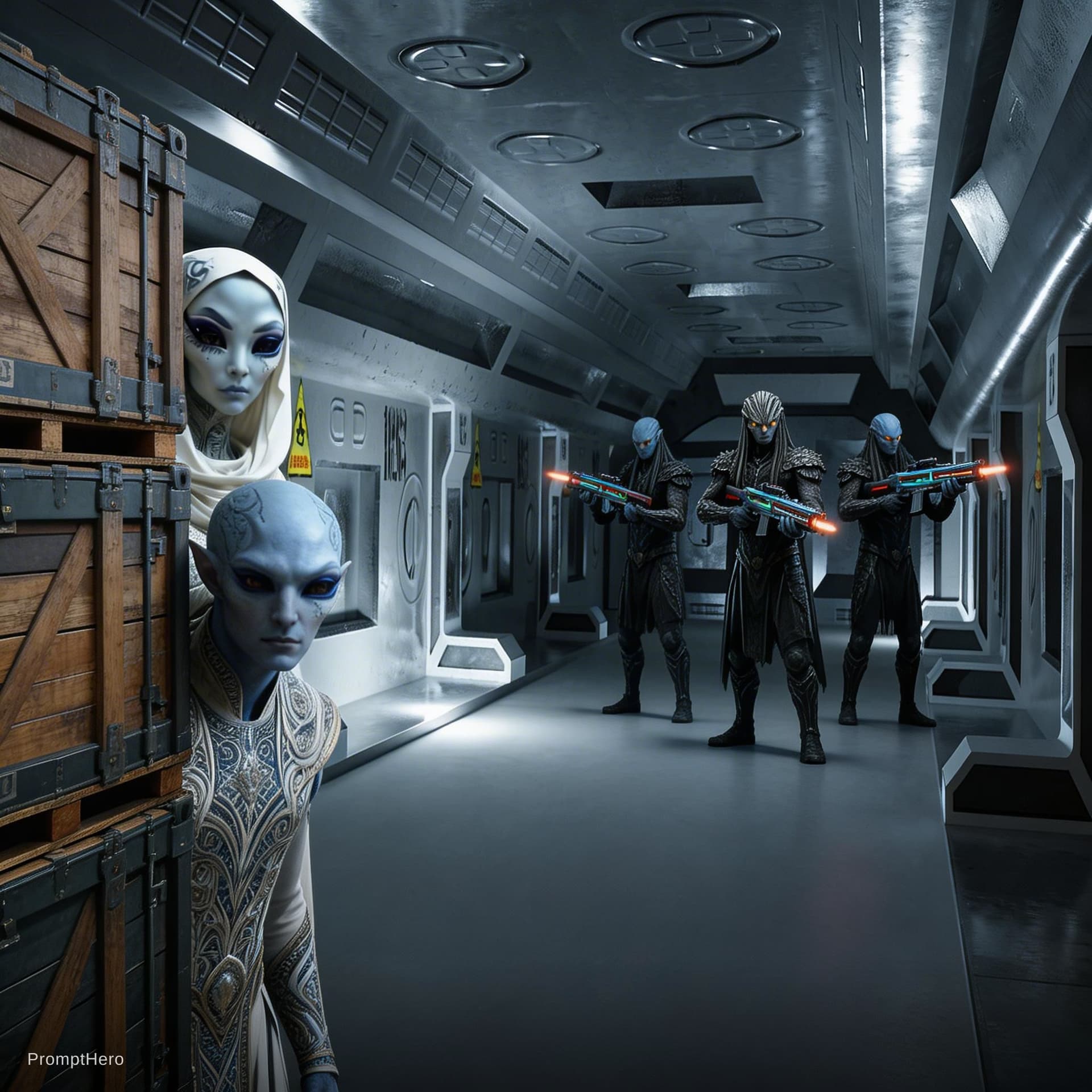 AI generated: Sci-Fi scene. Show the aliens from reference image 2 hiding in the room behind crates, while 3 alien...