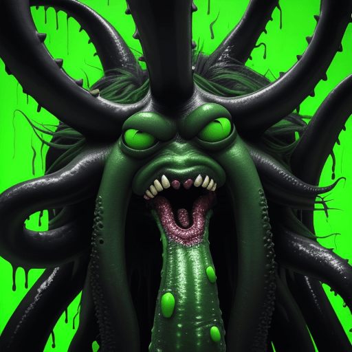 AI generated:  high quality foto of a green black eating  monster, moster with grimaces and big very long teeth, l...