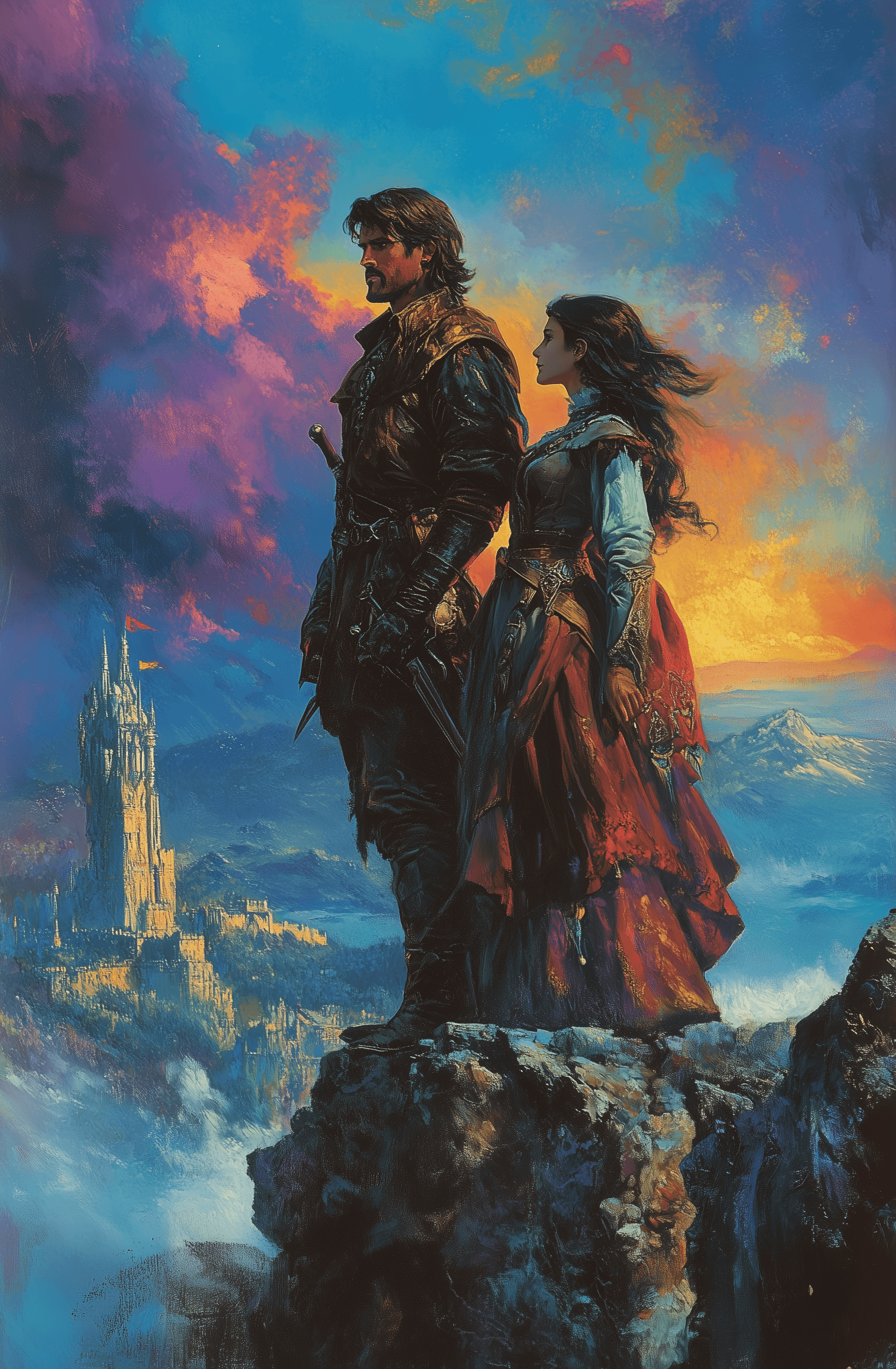 AI generated: A fantasy book cover from the 1980s, showing a handsome male adventurer and his princess standing at...
