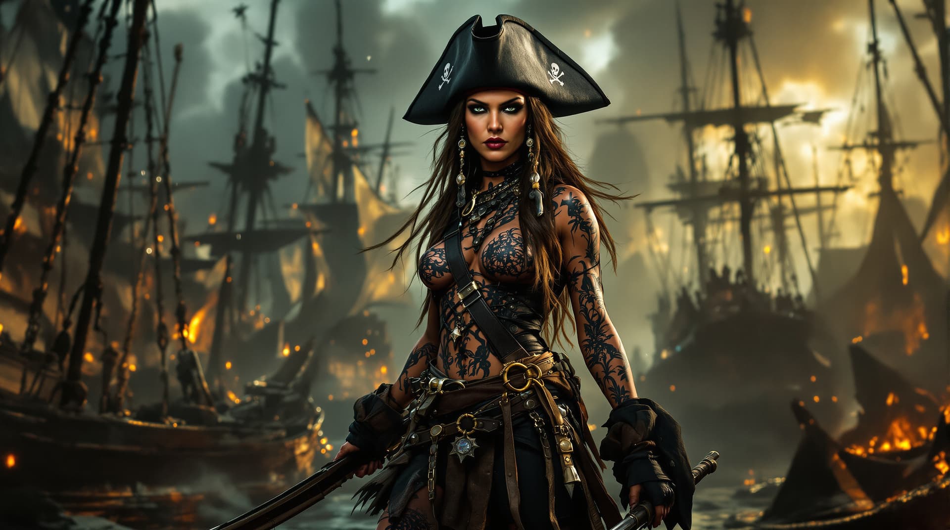 AI generated: Full body view A commanding Native Caribbean pirate captain stands tall amidst the Pirate City of Lo...