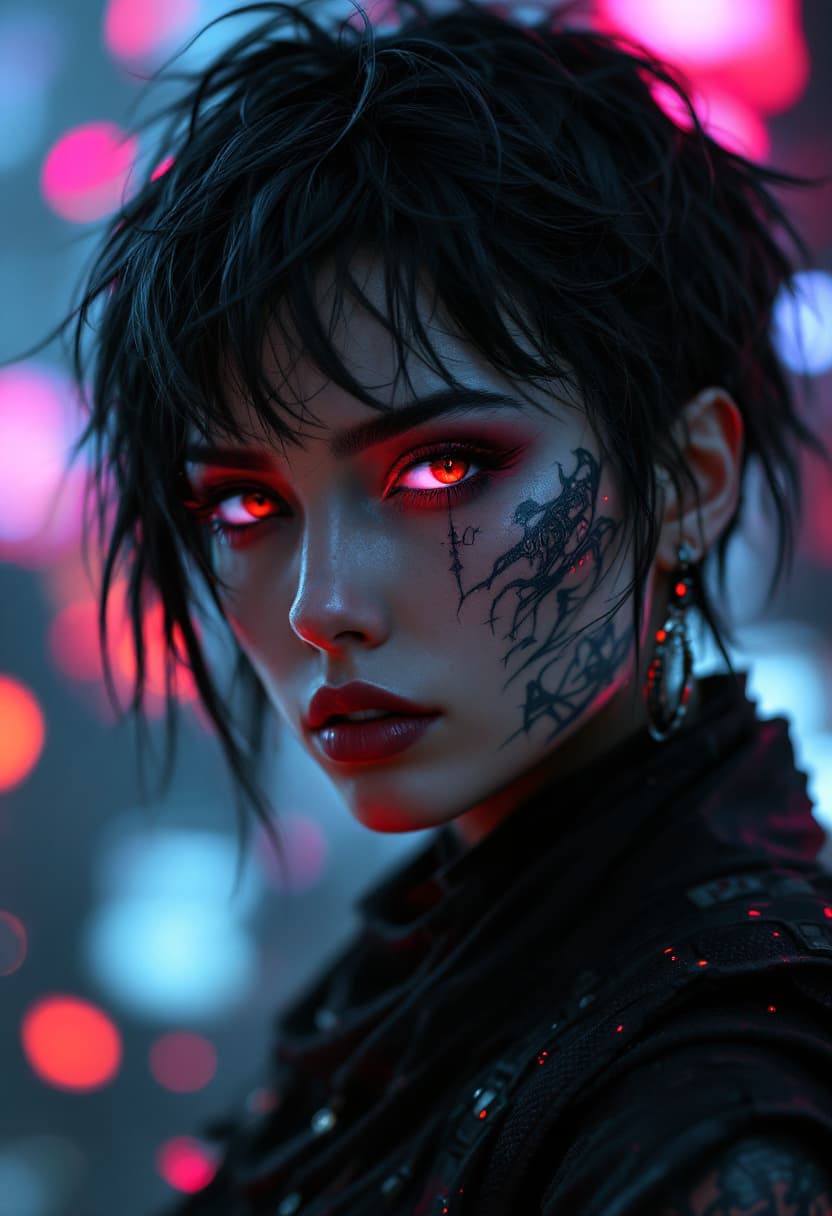AI generated: A stunning close-up portrait of a mysterious cyberpunk warrior woman with brown an grey eyes, short ...