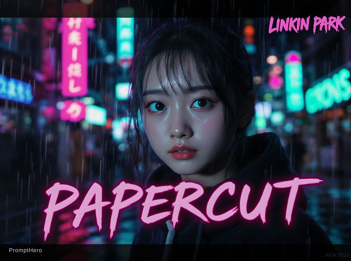 AI generated: cinematic close-up portrait of a cute young Japanese woman standing in a rainy neon-lit city at nigh...