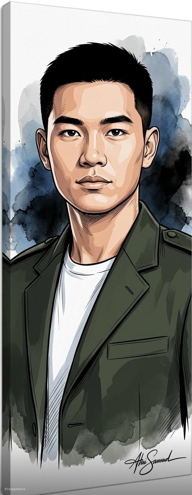 AI generated: A crisp vector illustration of a portrait of a young man (face as per attached image) in a confident...