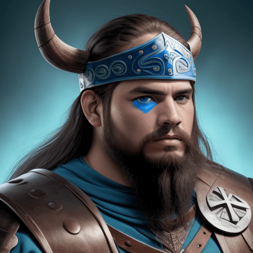 AI generated: Vikingo, rubio, ojos azules, casco metálico, mostrar medio cuerpo
