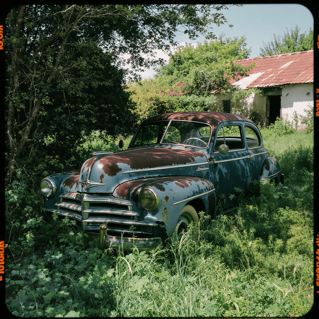 AI generated: A realistic Eastman Kodak 5294 photo of vintage, rusted blue car, positioned prominently in an overg...