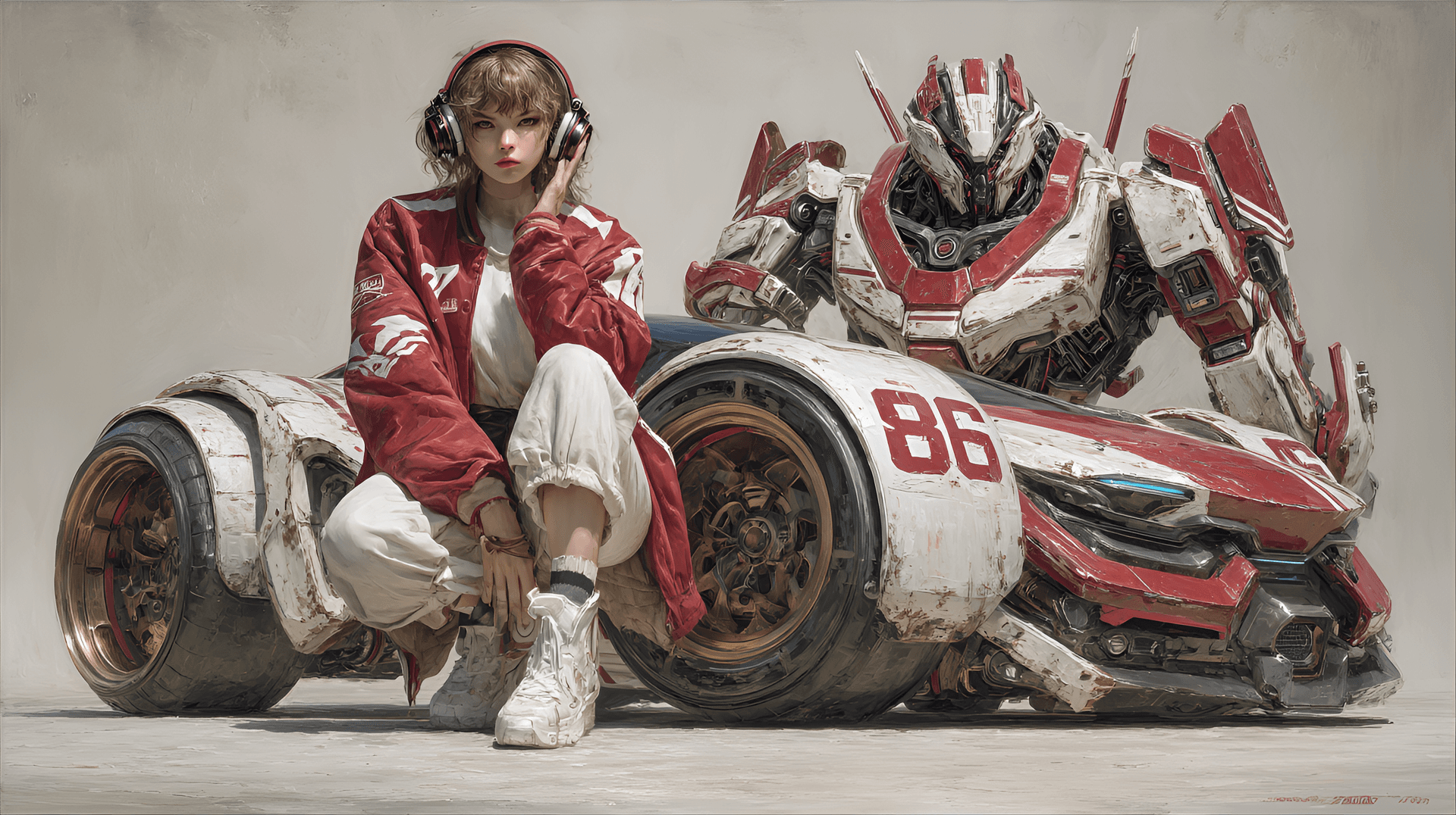 AI generated: woman is crouched next to a large, red and white robot that resembles a vintage-style sports car
