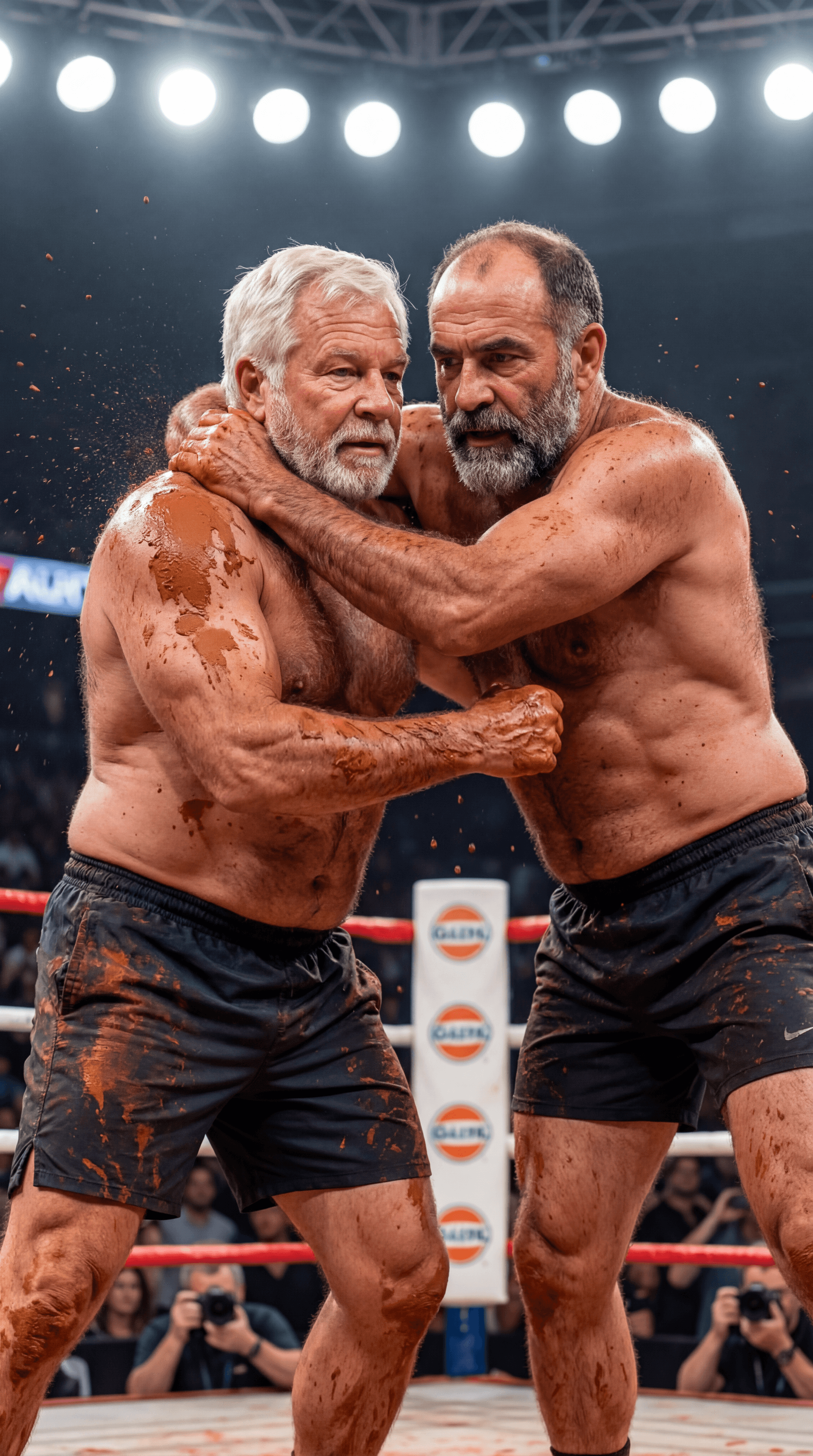 AI generated: PROFESSIONAL SPORTS BROADCAST PHOTOGRAPH — AMERICAN RED CLAY MUD WRESTLING — VERTICAL 9:16

ASPECT /...