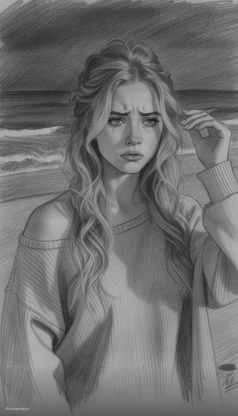 AI generated: girl, charcoal sketch, sad, depressing