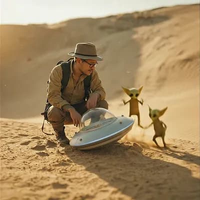 AI generated video: in a warm desert at golden hour, a traveler kneels beside a small retro-futuristic UFO. two tiny pla...