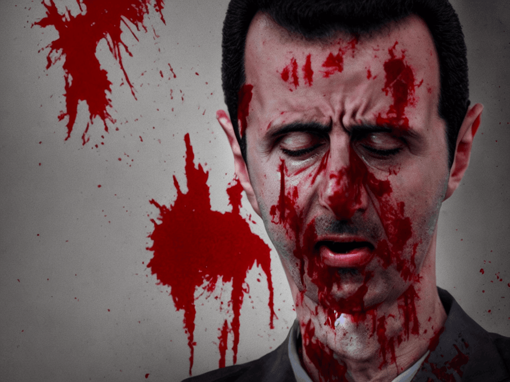 AI generated: portrait of Bashar al-assad crying and blood eveywhere, realistic, cinematic lighting, highly detail...