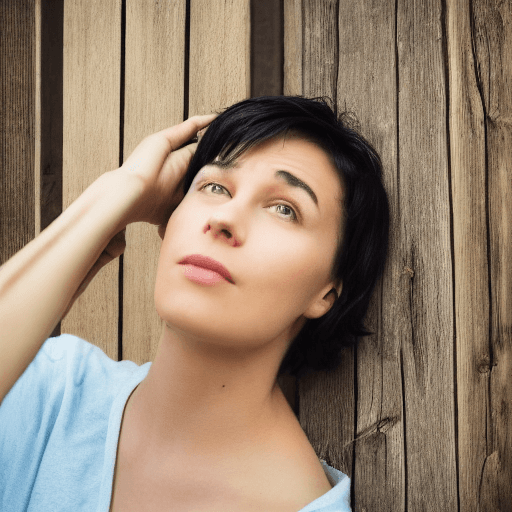 AI generated: cinematic photo gorgeous man leaning her head up against a darkly stained wooden fence, short black ...
