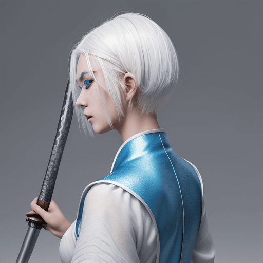 AI generated: 1 girl, white hair,blue eyes,back viewer,1 katana in hand,short hair, medieval theme,