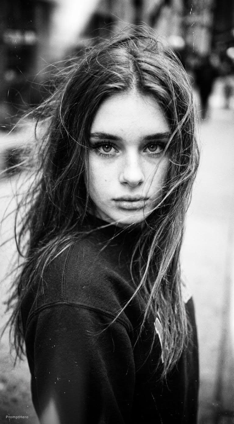AI generated: a woman with long wild hair on a windy day, in the style of toy camera effects, haunting elegance, f...