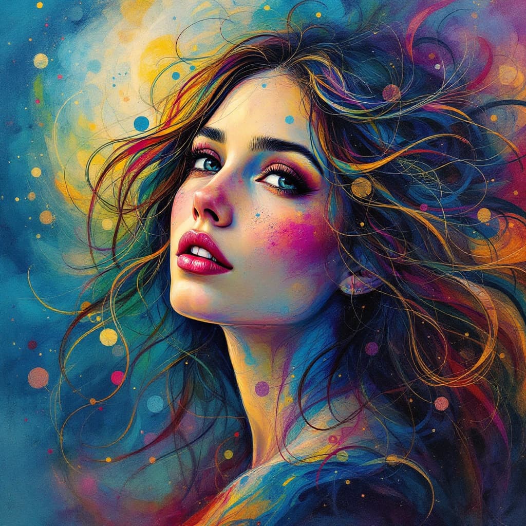 AI generated: An exquisite alcohol ink portrait of saint maria francesca, featuring a multitude of vibrant colors ...