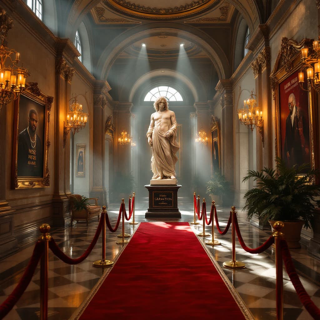 AI generated: A grand, elegant museum hall with high ceilings, marble floors, and golden chandeliers casting a sof...