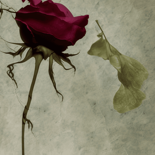 AI generated: A single, almost-dead flower, a wilted rose, drooping under its own weight, with petals turned inwar...