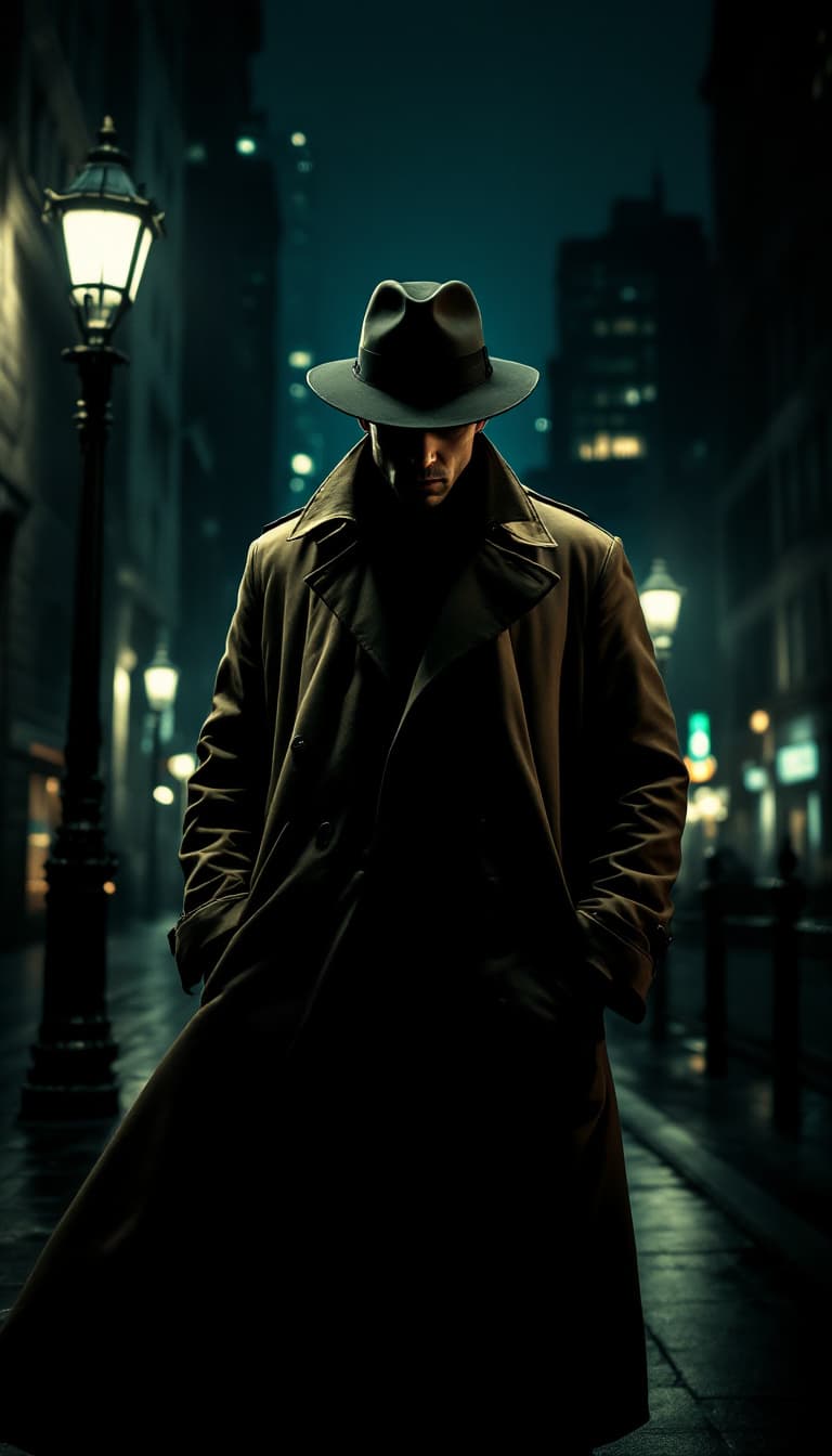 AI generated: Male detective in a trench coat, set against a noir city backdrop at night, in the style of Edward H...