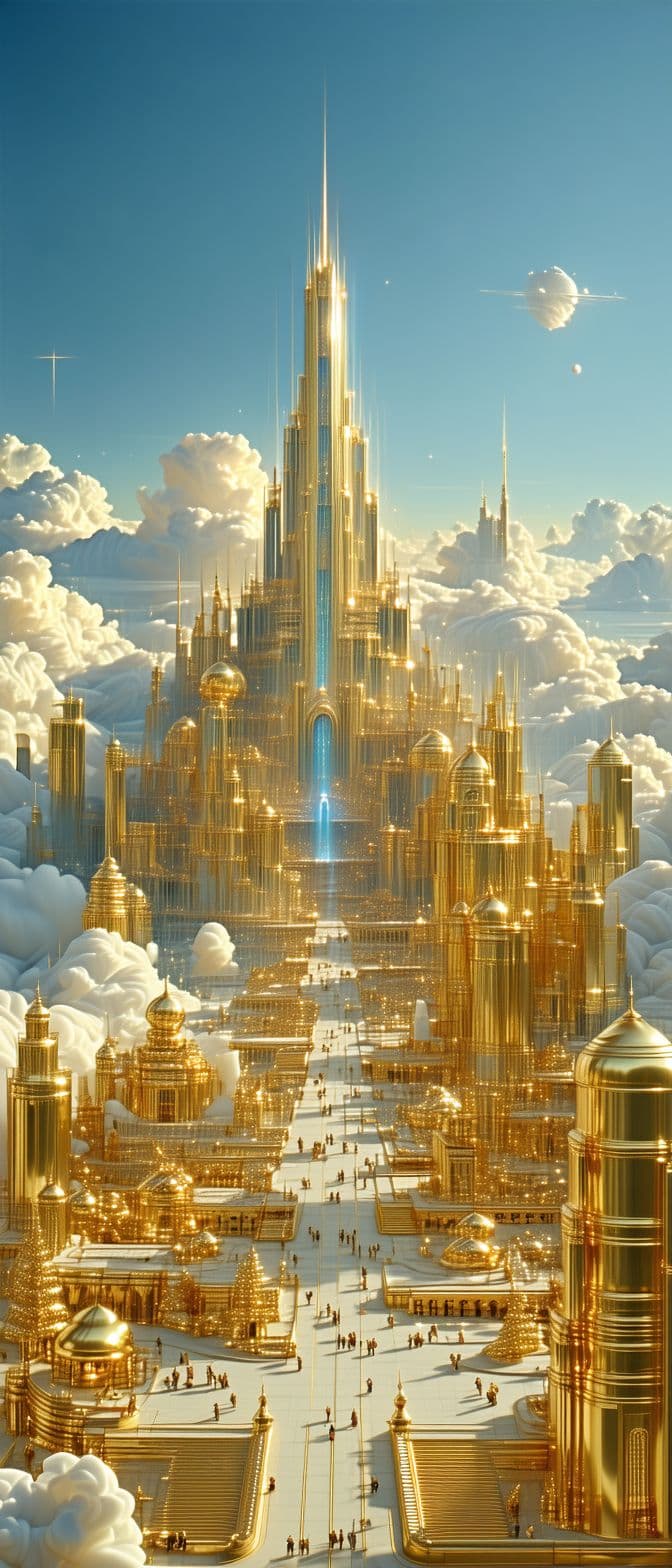 AI generated: heaven golden massive city with gold streets far off in the distance, light blue sky,
Hyperrealistic...