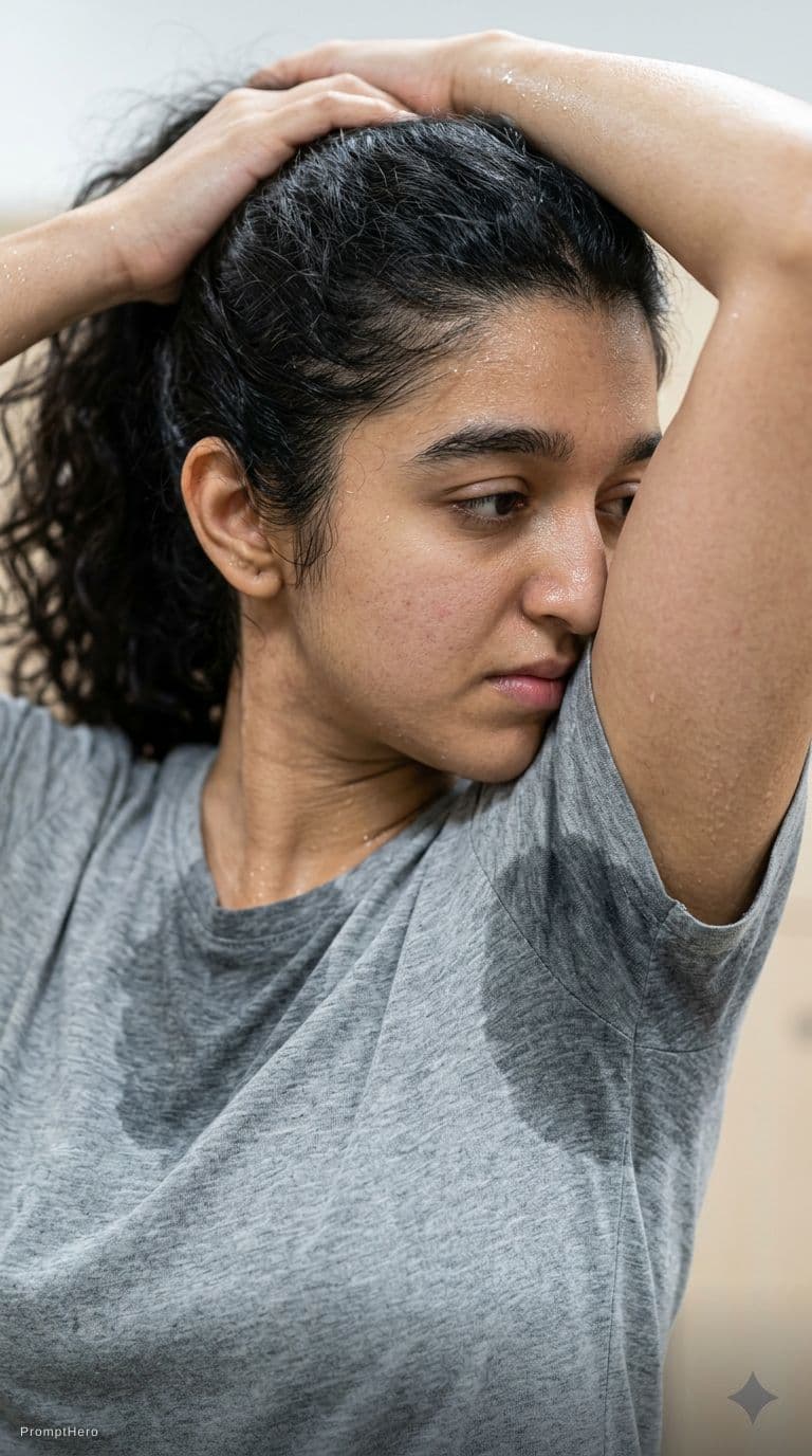 AI generated: Sweaty skin and hair and showing armpit sweaty patch and pose like holding two hands on up hair back...