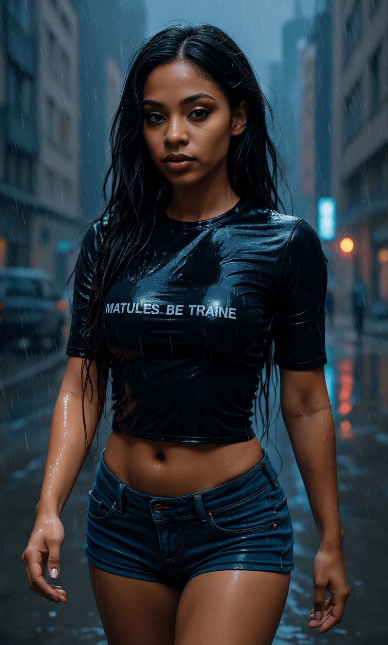 AI generated: brown skin aftican american young lady walking in the rain, hyper-realistic illustration style