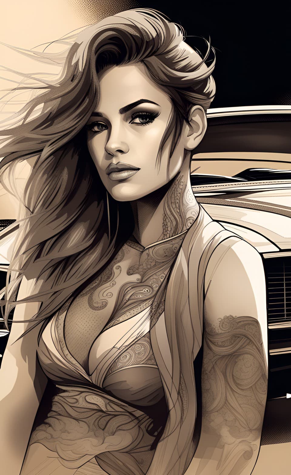 AI generated: A sepia style color scheme portrait of a female modeling next to a classic american muscle car, long...