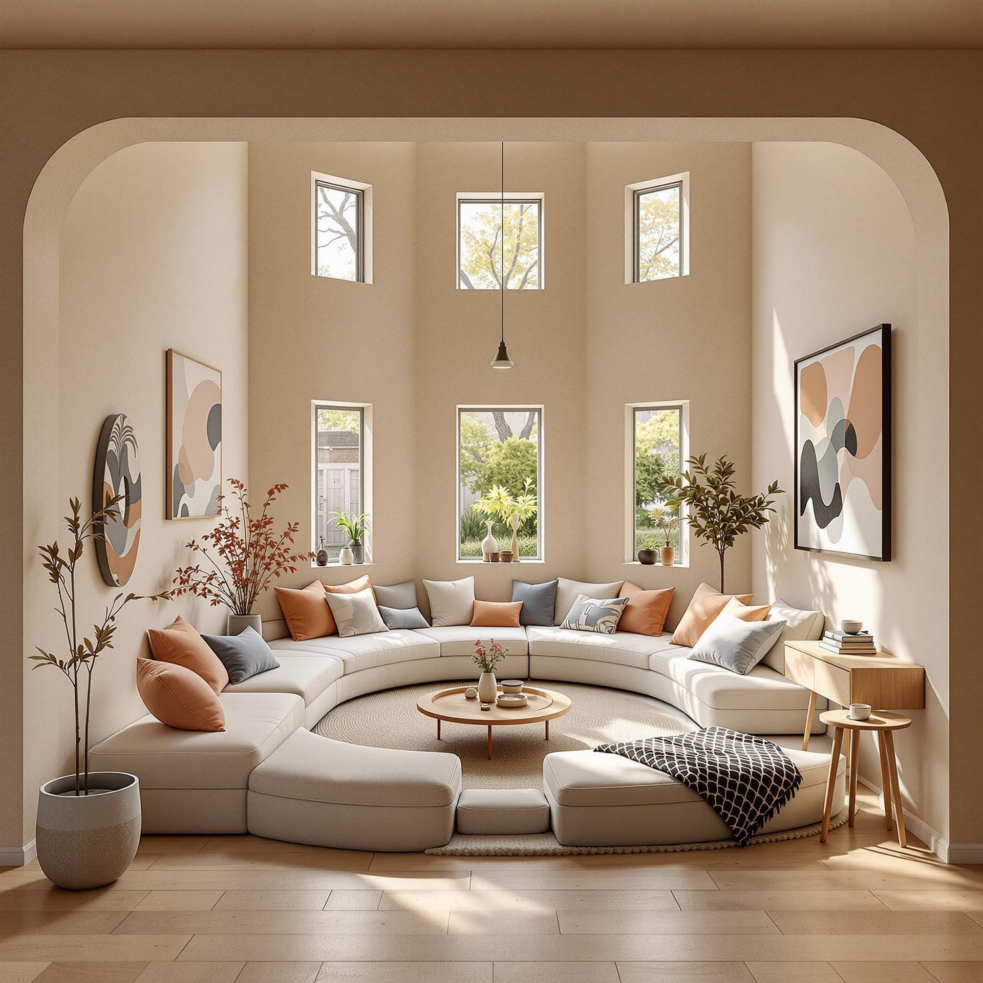 AI generated: High resolution photography interior design, dreamy sunken living room conversation pit, wooden floo...