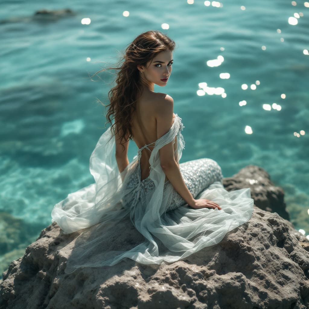 AI generated: a masterpiece, full body shot mermaid on a rock at a reef, beautiful fantasy photo shoot, elegant, g...